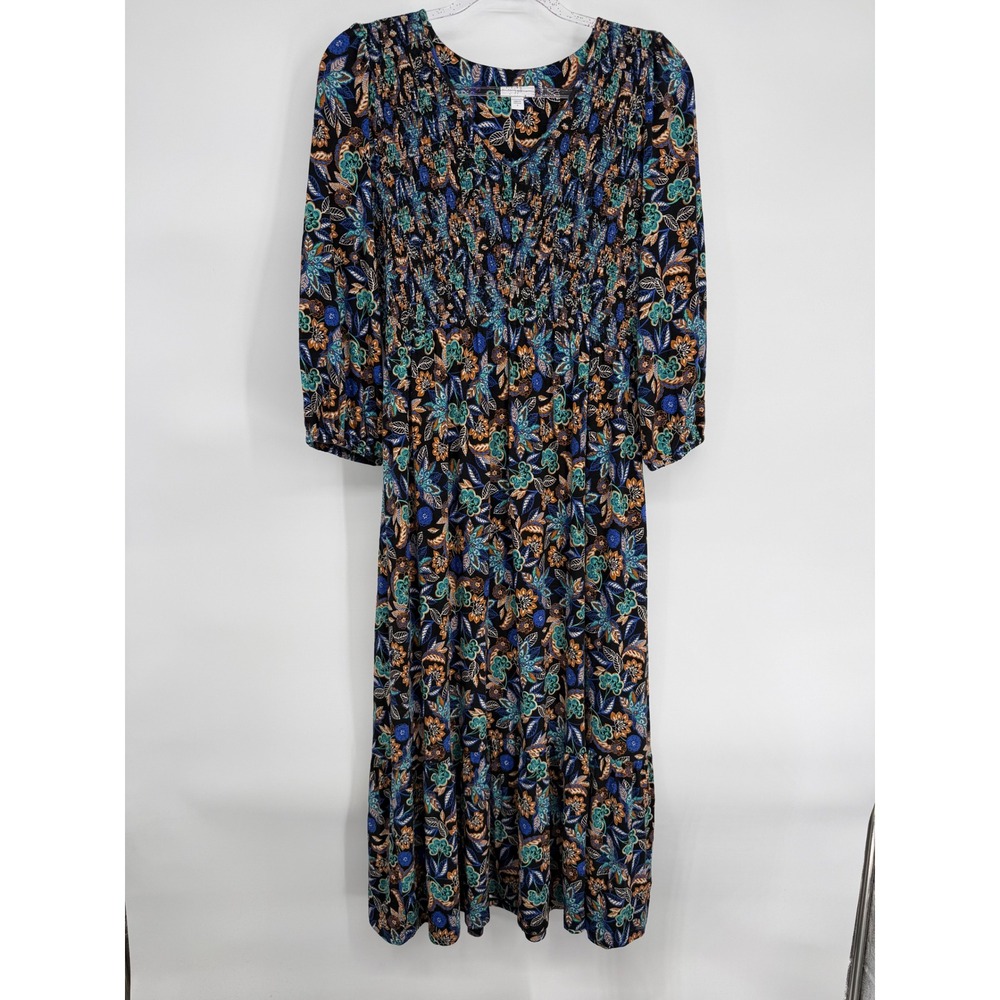J. Jill Womens Smocked Floral V-Neck Midi Dress Blue Orange 3/4 Sleeve Sz S